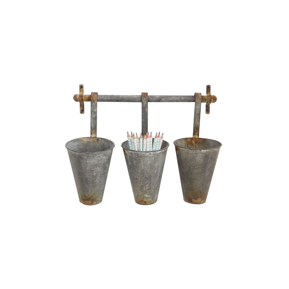 Photos - Flower Pot Metal Wall Rack with 3 Tin Pots - Storied Home: Rustic Outdoor Wall-Mounte