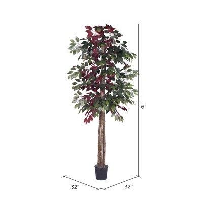 6' Green and Red Silk Topiary Tree with Black Plastic Pot