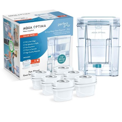 Perfect Pour XL 35-Cup Water Filter Dispenser, Reduces Microplastics, BPA Free, WQA Certified, Includes 6 Evolve+ Filters, Blue