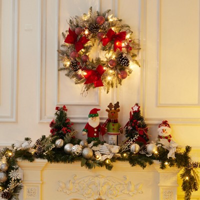 24" Pre-Lit Christmas Wreaths with 30 LED Lights, Red Balls & Bows for Xmas Wall Windows Decorations Outdoor