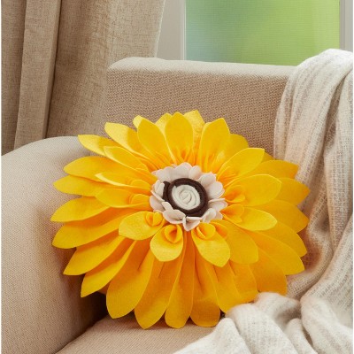 Yellow Felt Flower Round Throw Pillow with Poly Filling