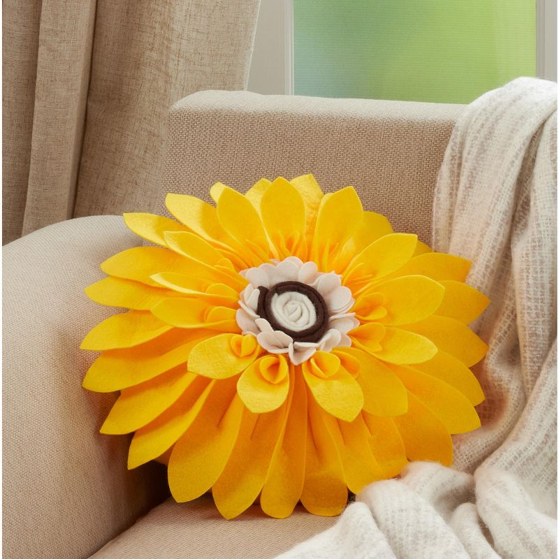 Saro Lifestyle Felt Flower Throw Pillow With Poly Filling, Yellow, 13" Round, 3 of 5