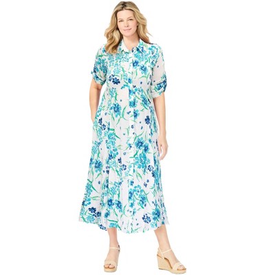 Woman Within Plus Size Roll-Tab Sleeve Crinkle Shirtdress