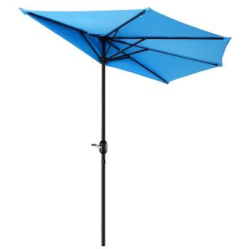 Half Round Patio Umbrella with Easy Crank – Compact 9ft Semicircle Outdoor Shade Canopy for Balcony, Porch, or Deck by Nature Spring (Blue)