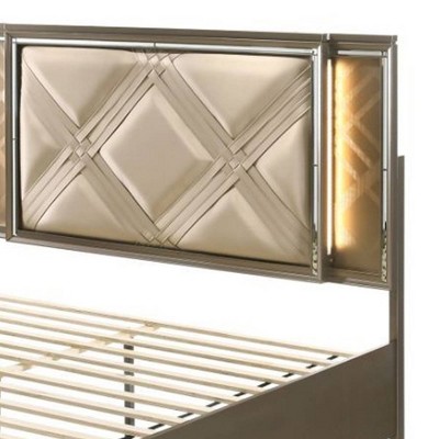 Skylar Queen Champagne Faux Leather Storage Bed with LED