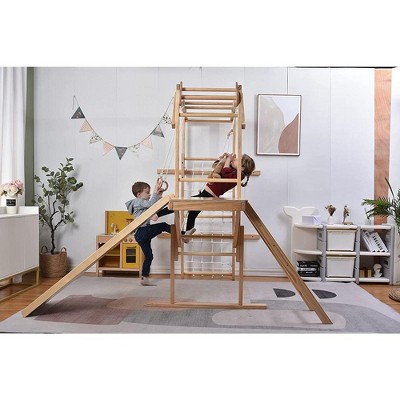 Natural Wood 8-in-1 Indoor Jungle Gym with Slide and Swing