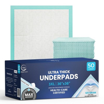 50 Pack Adhesive Disposable Underpads, 36 x 36, 125 Gram Heavy Duty Waterproof Bed Pads for Adults, Seniors & Pets