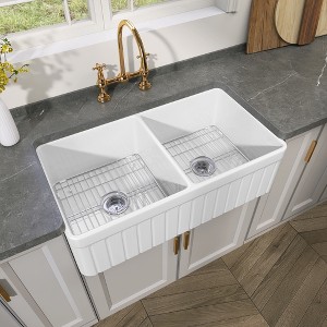 33 in. Farmhouse Kitchen Sink Double Bowl White Fireclay Sink Large Apron-front Kitchen Sink Bottom Grid and Strainer - 1 of 4