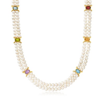 Ross-Simons 4.5-5.5mm Cultured Pearl 2-Strand Necklace With 4.80 ct. t.w. Multi-Gemstones in 18kt Gold Over Sterling