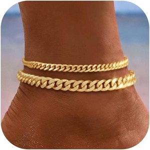 14K Gold/Silver Plated Stackable Chunky Cuban Link Chain Anklet Bracelet Set Non Tarnish - 1 of 4