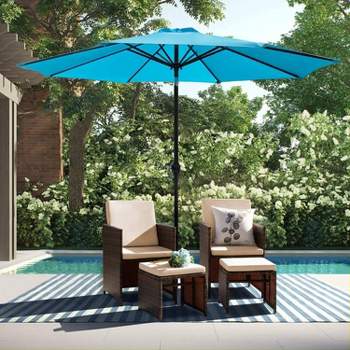 5pc Outdoor Wicker Set with Chairs, Umbrella & Ottomans - Devoko
