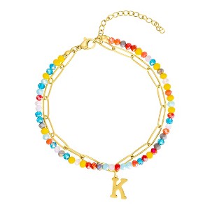 Adornia 14k Gold Plated Adjustable Layered Color Beads and Paperclip Chain Initial Bracelet - 1 of 3
