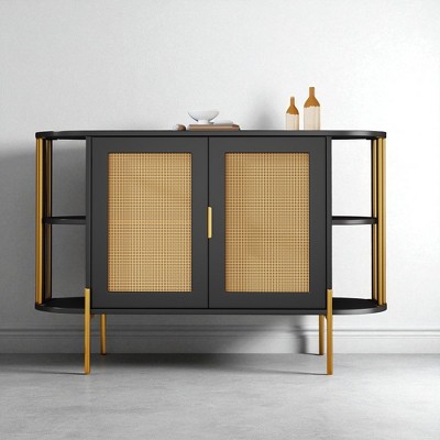 Curved Sideboard Buffet Cabinet with Gold Trim and Woven Rattan Doors, Adjustable Shelves and Open Side Storage, Storage Cabinet for Dining Room
