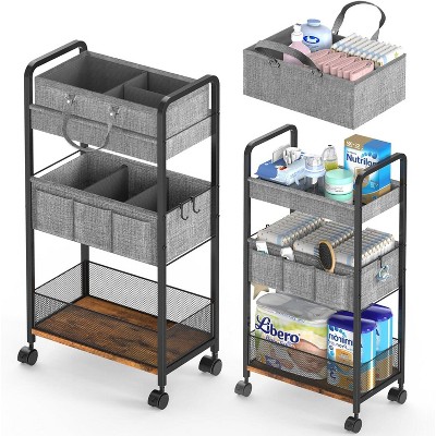 2In1 Diaper Caddy & 3-Tier Rolling Diaper Cart, Diaper Caddy Organizer Cart with Dividers,Utility Cart