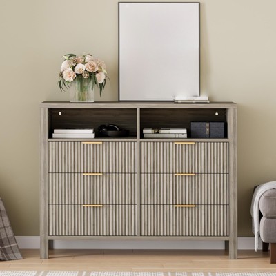 6 Drawer Dresser for Bedroom, 47" Wide Chest of Drawers with 2 Open Shelves & Handles, Fluted Closet Drawer TV Stand, Dresser Storage Cabinet
