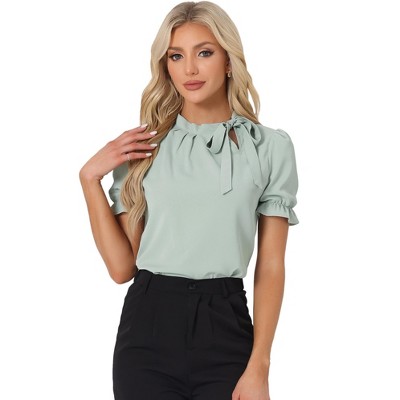INSPIRE CHIC Women's Bow Tie Neck Solid Color Elastic Cuffs Elegant Office Short Sleeve Blouse