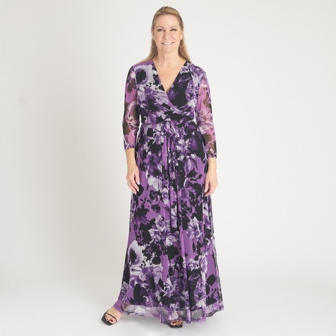 Women's Floral Mesh Long Sleeve Maxi Dress - Connected Apparel - Purple,  Size: 6