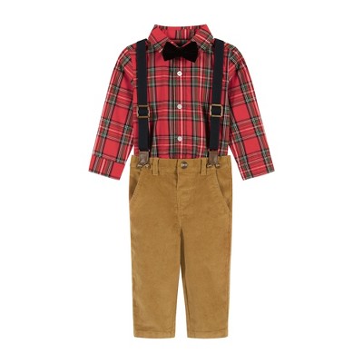 Image of Andy & Evan Infant  Boys Red Plaid Flannel Buttondown w/Suspenders Set, Size 0-3 Months.