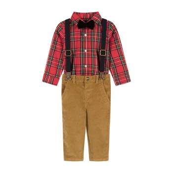 Andy & Evan  Infant  Boys Red Plaid Flannel Buttondown w/Suspenders Set