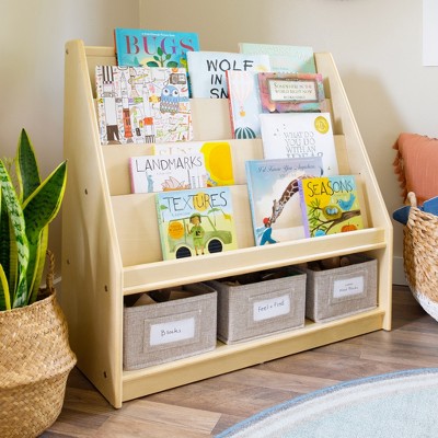 Natural Wooden Kids Book and Bin Display with Fabric Bins