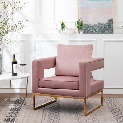 TOAOTBNBO Velvet Modern Accent Chair with Gold Metal Frame, Upholstered Armchair with Cut-out Square Armrests Soft Office Lounge Chair