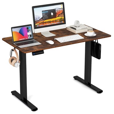 Tangkula 48" x 24" Electric Standing Desk w/ 3 Memory Height Settings 2 Hanging Hooks Rustic Brown