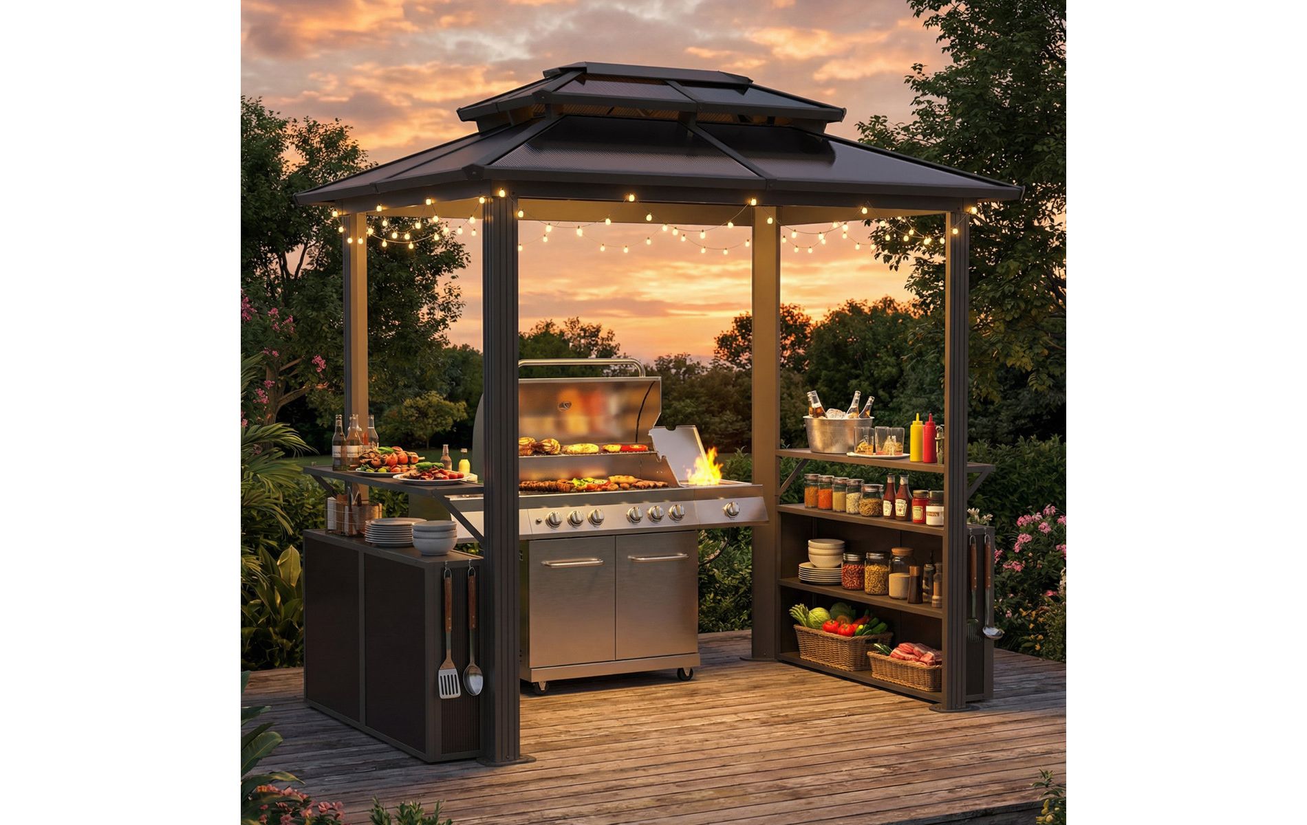 EROMMY 8' x 6' Hardtop Grill Gazebo, Outdoor Metal BBQ Gazebo with Storage Cabinet, Double Roof Hardtop Gazebo, Includes Ceiling Hooks