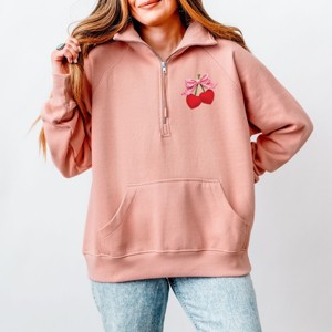 Cherry Hearts Pink Bow Patchwork Print - Women's Quarter Zip Fleece Graphic Sweatshirt - 1 of 4