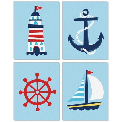 Big Dot of Happiness Lighthouse, Sailboat and Anchor - Unframed Nautical Linen Paper Wall Art - Set of 4 - Artisms - 11 x 14 inches