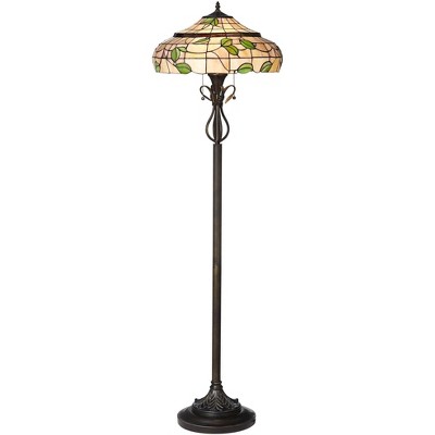 Robert Louis Tiffany Cottage Floor Lamp Bronze Green Leaf Pattern Stained Glass Shade for Living Room Reading Bedroom Office