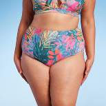 Women's Abstract Tropical Print High Waist High Coverage Bikini Bottom - Kona Sol™ Blue
