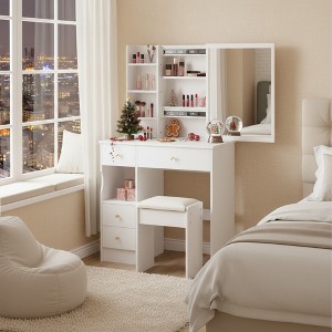 FONTOI 29.2"W/37"W/41"W Makeup Vanity Table Desk with Mirror Left Bedside Cabinet Stool Dresser Set for Woman Bedroom Dressing Room, Black/White - 1 of 4