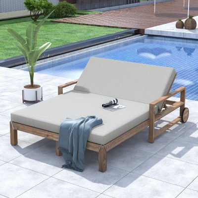 Outdoor 1-Piece Wooden Sunbed, Outdoor Daybed Seating 2 People for Poolside, Sunbed with Wood Frame and Polyester Cushion-Coolbibila