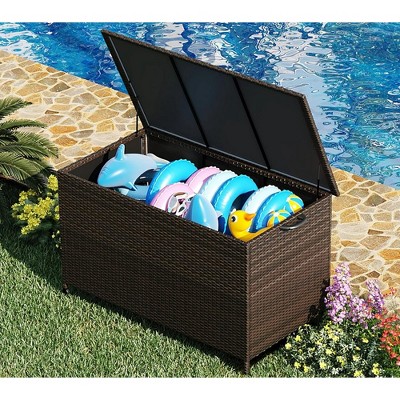 80 Gallon Outdoor Rattan Deck Box with Wheels, Waterproof Wicker Storage Box for Patio Cushions, Garden Tools, Pool Accessories, Brown