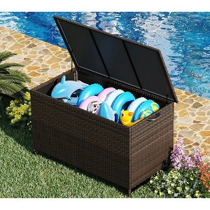 80 Gallon Outdoor Rattan Deck Box with Wheels, Waterproof Wicker Storage Box for Patio Cushions, Garden Tools, Pool Accessories, Brown - 1 of 4
