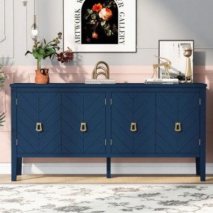 Timeless 4-Door Sideboard Cabinet with Geometric Line Design & Vintage Metal Handles, Ideal for Living Rooms, Foyers, and Study Areas - 1 of 4
