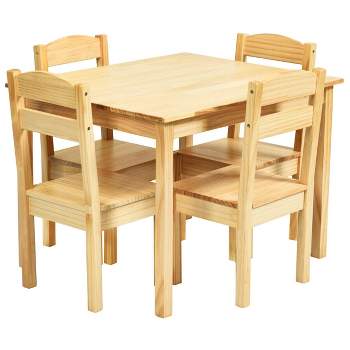 Tangkula Kids 5 Piece Table Chair Set Pine Wood Children Play Room Furniture Natural