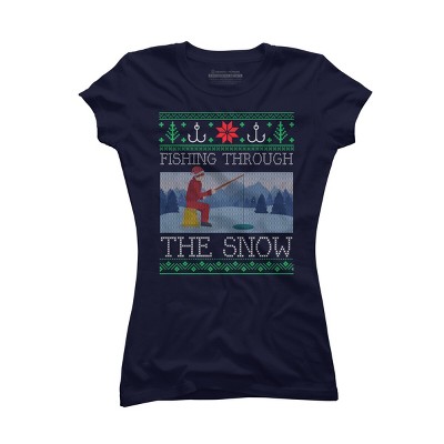 Junior's Design By Humans Christmas Ice Fishing Through Snow Fishing Ugly Christmas Sweate By pahari T-Shirt