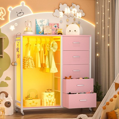 Aheaplus Rollway Dresser with Charge Station and LED Light, Chest With Drawers for Kids Room