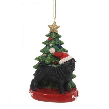 Holiday Ornament Dog W/Christmas Tree  -  One Ornament 4.0 Inches -  Pet Puppy Best Friend  -  C7615 Pug Blk  -  Polyresin  -  Multicolored