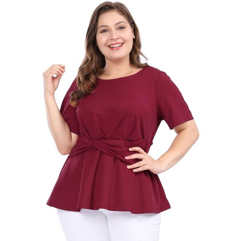 Agnes Orinda Women's Plus Size Short Sleeves Twisted Knot Front Peplum Top  Red 2x : Target