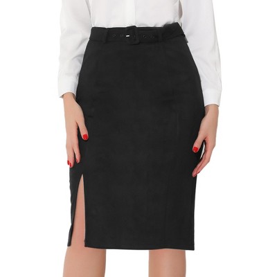 Allegra K Women's Faux Suede High Waist Belted Midi Slit Pencil Skirt