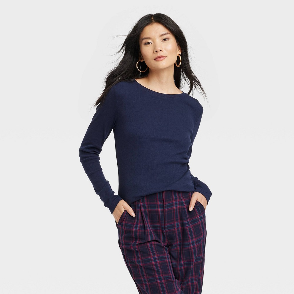 Women's Long Sleeve Ribbed T-Shirt - A New Day™ Navy Blue XS