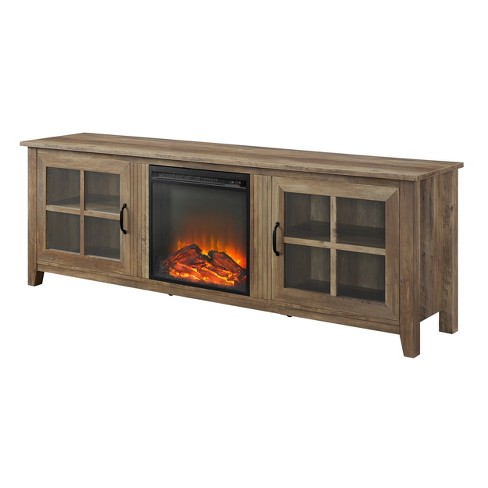 70 Farmhouse Wood Fireplace Glass Door Tv Stand Rustic Oak