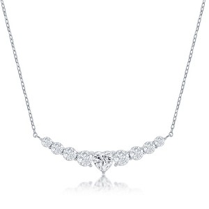 Bella Silver Sterling Silver Graduating Rund CZ with Center Heart Curved Bar Necklace - Silver - 16+2 Inch - 1 of 2