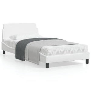vidaXL White Faux Leather Bed Frame with Headboard 39.4"x79.9" - Single Bed Plywood Slatted Base - 1 of 4
