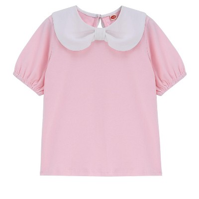 Girls' Bow - Neck Puff Sleeve Top, Cute Peter Pan Collar Tee, Sweet Casual Outfit for Kids