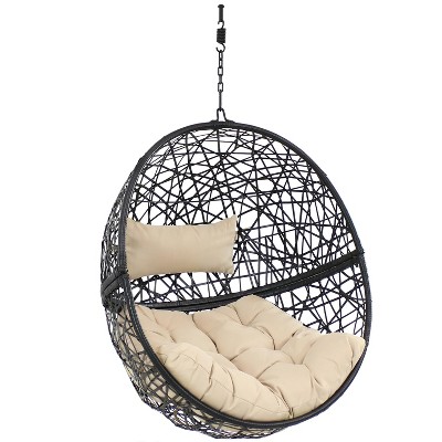 Sunnydaze Outdoor Resin Wicker Patio Jackson Hanging Basket Egg Chair Swing with Cushions and Headrest Cream 2pc