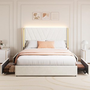 Full Size Velvet Upholstered Bed Frame with 4 Storage Drawers,Smart LED Bed Frame,Tufted Upholstered Platform Bed Frame with Wingback Headboard - 1 of 4