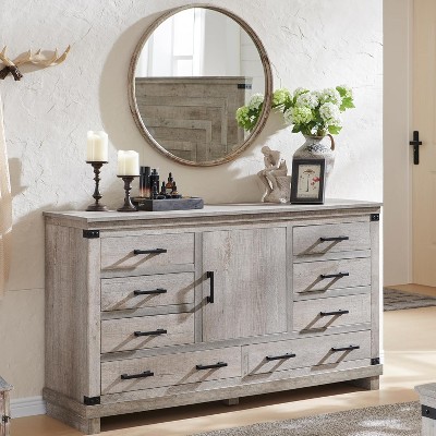 SinCiDo Farmhouse 8 Drawer Bedroom Dresser w/Adjustable Shelf, Thick Plank Design, Wood Closet Dresser for Bedroom, Living Room